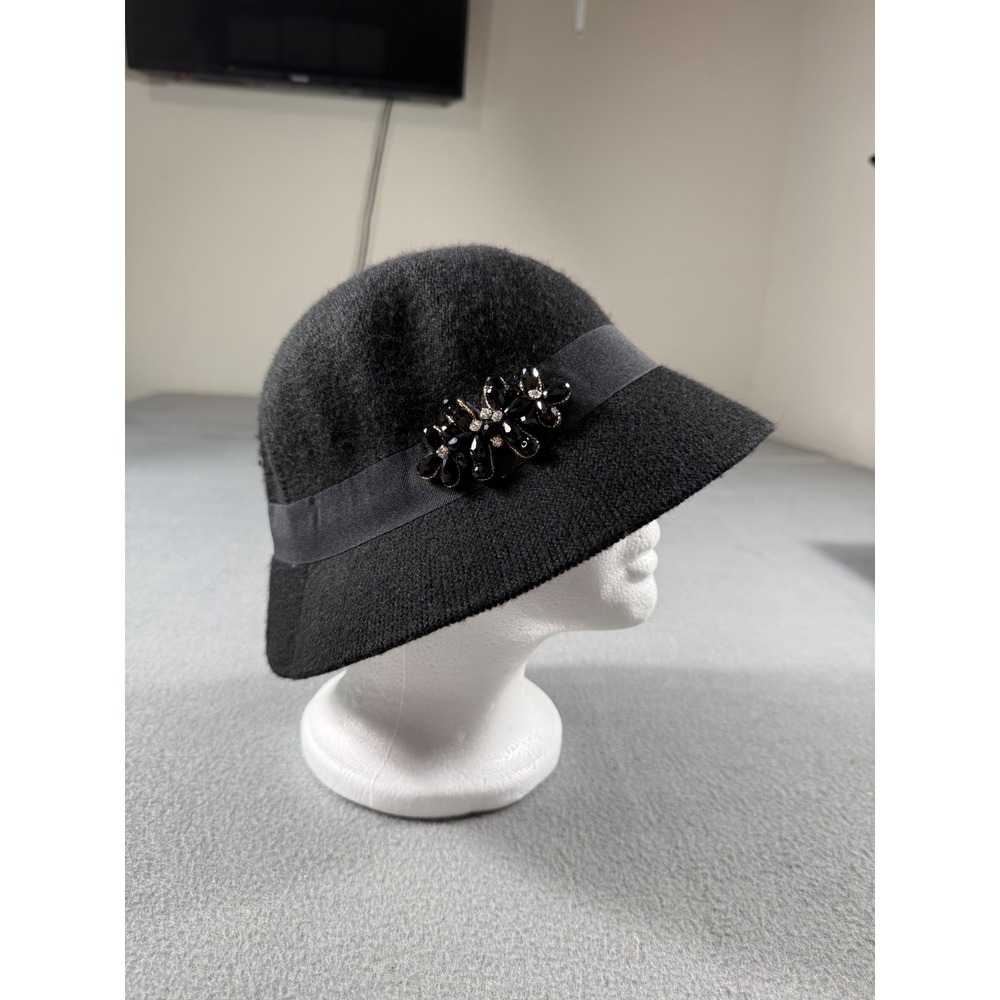 Black Wool Blend Cloche Bucket Hat Rhinestone Floral Accent One Size‎ Vintage